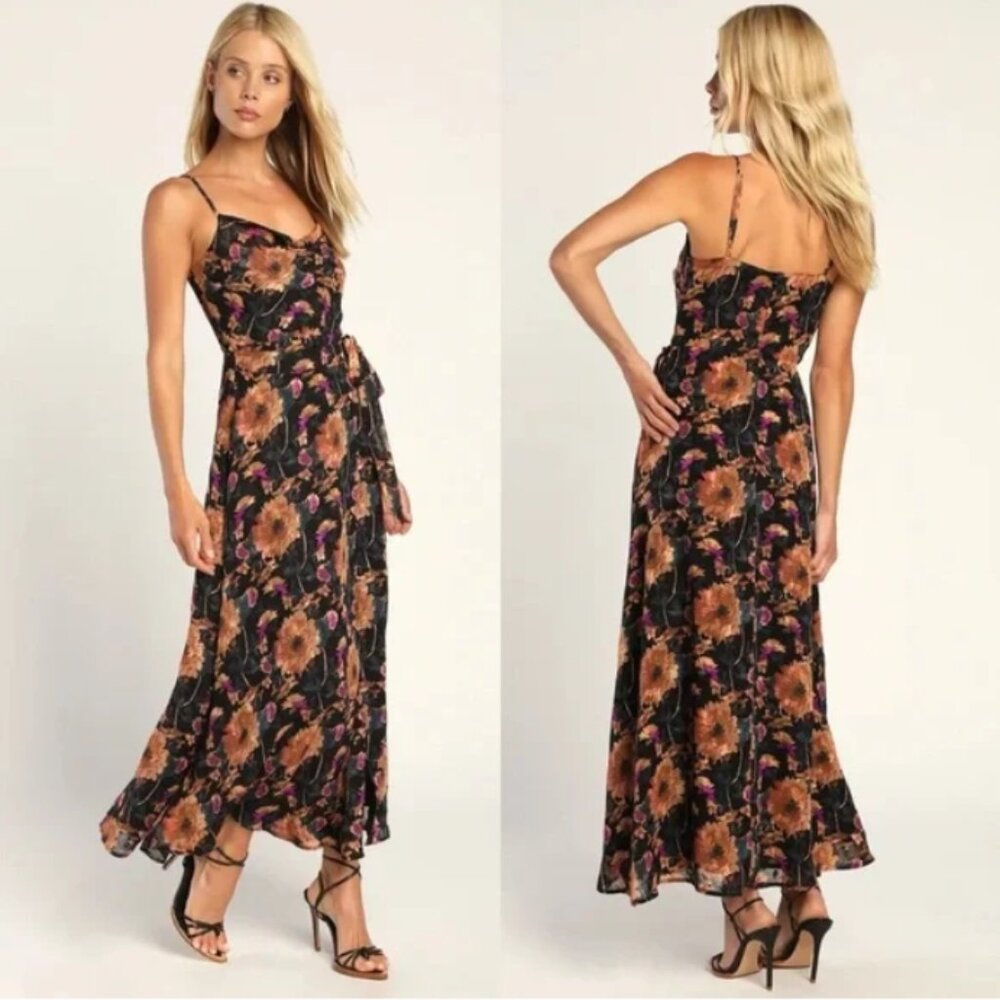 Lulus Dramatic Darling Black Floral Print Cowl Faux Wrap Maxi Dress XS - Picture 1 of 12